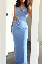 Blue Elegant Solid Color Hollow Out Patchwork Backless Spaghetti Strap Sling Dresses