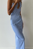 Blue Elegant Solid Color Hollow Out Patchwork Backless Spaghetti Strap Sling Dresses