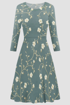 Light Cyan Elegant Print Patchwork O Neck A Line Dresses