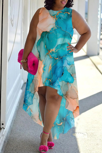 Blue Orange Elegant Print Patchwork O Neck Irregular Plus Size Dresses