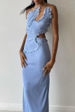 Blue Elegant Solid Color Hollow Out Patchwork Backless Spaghetti Strap Sling Dresses