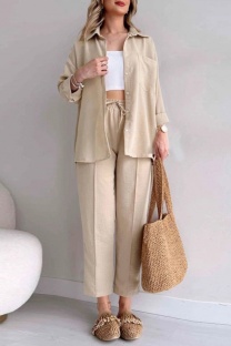 Apricot Casual Solid Color Buttons Turndown Collar Short Sleeve Two Pieces