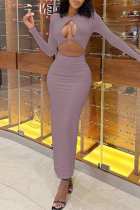 Bare Color Elegant Solid Color Hollow Out Patchwork O Neck Long Dresses