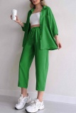 Black Casual Solid Color Buttons Turndown Collar Short Sleeve Two Pieces