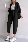 Black Casual Solid Color Buttons Turndown Collar Short Sleeve Two Pieces