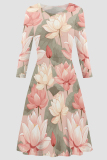 Cyan Elegant Print Patchwork O Neck A Line Dresses