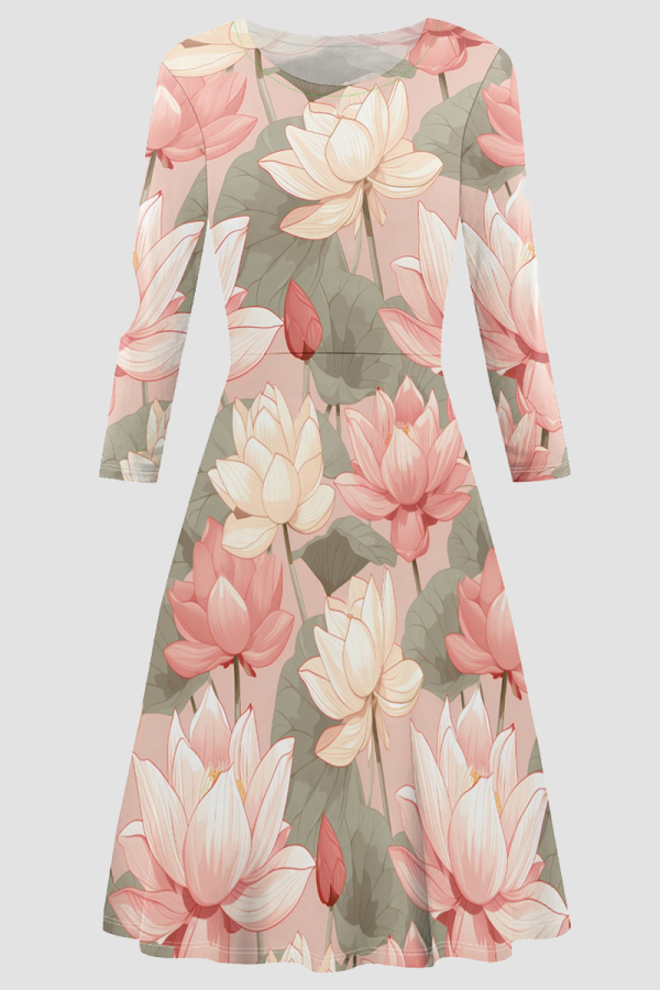 Pink Elegant Print Patchwork O Neck A Line Dresses
