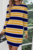 Yellow Casual Leopard Print Stripe Pocket Contrast O Neck Printed Dresses