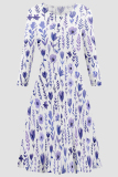Cyan Elegant Print Patchwork O Neck A Line Dresses