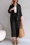 Black Casual Solid Color Buttons Turndown Collar Short Sleeve Two Pieces