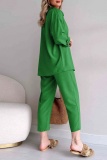 Black Casual Solid Color Buttons Turndown Collar Short Sleeve Two Pieces