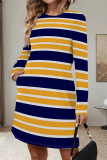 Yellow Casual Leopard Print Stripe Pocket Contrast O Neck Printed Dresses