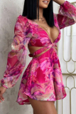 Rose Red Sexy Print Hollow Out Patchwork Backless Strap Design Deep V Neck Boot Cut Rompers