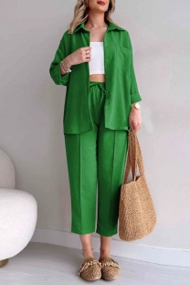 Green Casual Solid Color Buttons Turndown Collar Short Sleeve Two Pieces
