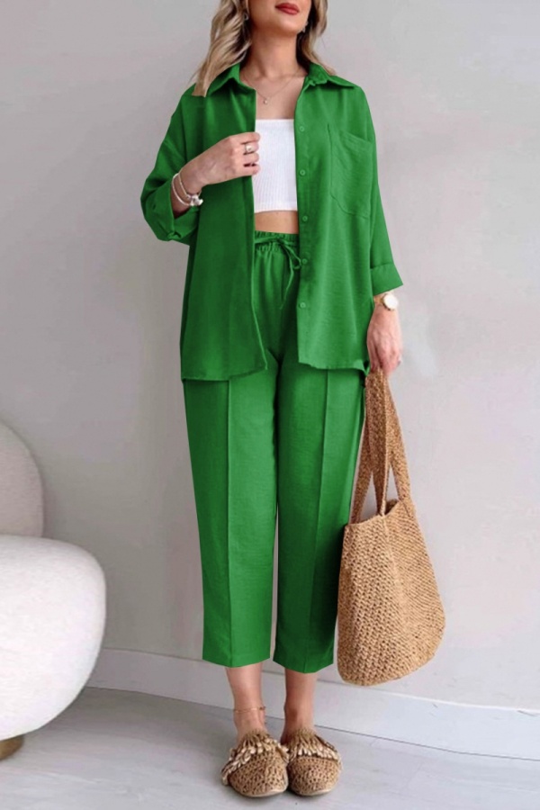 Green Casual Solid Color Buttons Turndown Collar Short Sleeve Two Pieces
