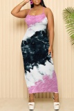 Purple Sexy Casual Print Backless Spaghetti Strap Long Dresses