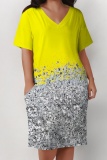 Gold Casual Print Pocket V Neck Short Sleeve Plus Size Dresses