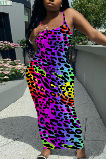 Purple Sexy Casual Print Backless Spaghetti Strap Long Dresses