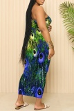 Green Sexy Casual Floral Print Backless Spaghetti Strap Long Dresses