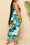Green Sexy Casual Floral Print Backless Spaghetti Strap Long Dresses