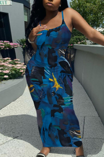 Dark Blue Sexy Casual Floral Print Backless Spaghetti Strap Long Dresses