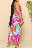 Green Sexy Casual Floral Print Backless Spaghetti Strap Long Dresses
