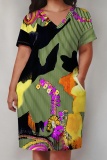 Red Green Casual Print Pocket V Neck Short Sleeve Plus Size Dresses