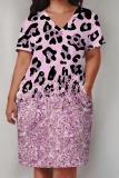 Gold Casual Print Pocket V Neck Short Sleeve Plus Size Dresses