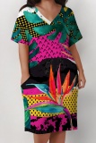 Red Green Casual Print Pocket V Neck Short Sleeve Plus Size Dresses