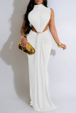 Black Elegant Solid Color Patchwork Ruched Half A Turtleneck Long Dresses