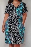 Gold Casual Print Pocket V Neck Short Sleeve Plus Size Dresses
