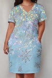 Gold Casual Print Pocket V Neck Short Sleeve Plus Size Dresses