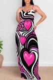 Red Casual Print Backless Spaghetti Strap Long Dresses
