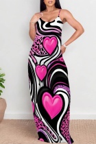Rose Red Casual Print Backless Spaghetti Strap Long Dresses