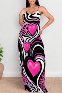 Rose Red Casual Print Backless Spaghetti Strap Long Dresses