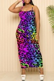 Purple Sexy Casual Print Backless Spaghetti Strap Long Dresses
