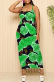 Green Sexy Casual Floral Print Backless Spaghetti Strap Long Dresses