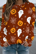 Orange Casual Street Graffiti Print Contrast O Neck Tops