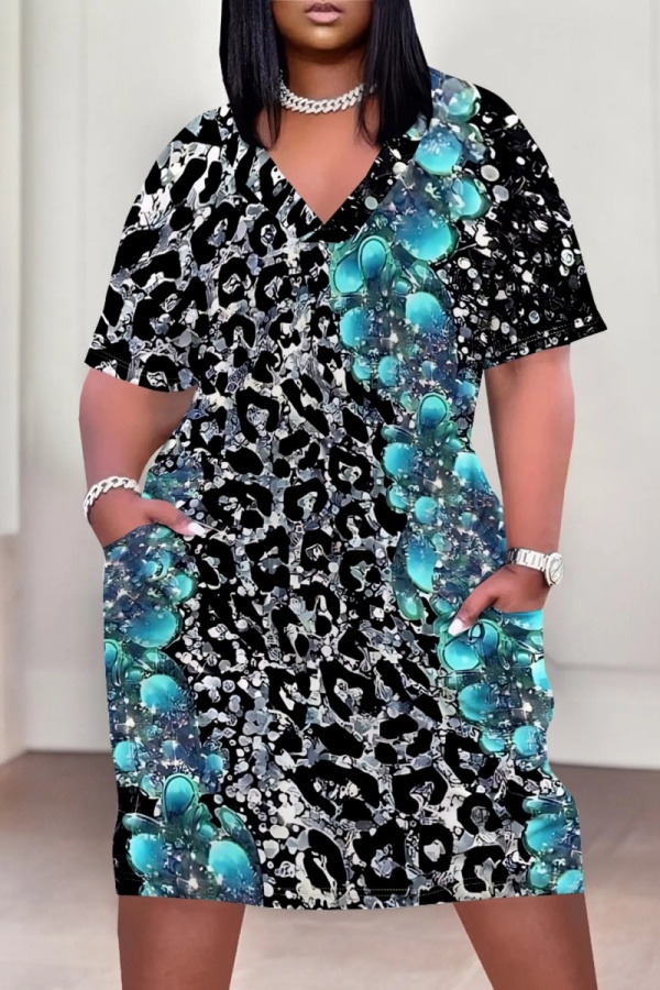 Blue Black Casual Print Pocket V Neck Short Sleeve Plus Size Dresses
