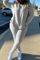 Grey Casual Solid Color Pocket Patchwork O Neck Long Sleeve Two Pieces