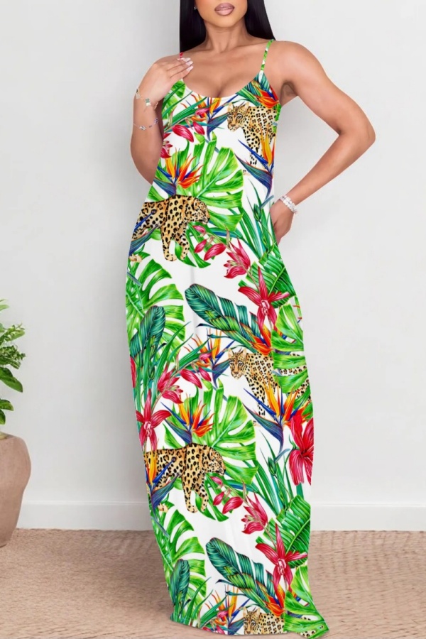 White Green Casual Floral Print Backless Spaghetti Strap Long Dresses