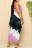 Purple Sexy Casual Print Backless Spaghetti Strap Long Dresses