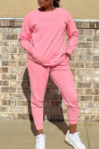 Pink Casual Solid Color Pocket Patchwork O Neck Long Sleeve Two Pieces