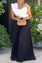 Black Casual Patchwork Backless Ruched Strap Design Contrast Ruffled Trim Spaghetti Strap Loose Jumpsuits