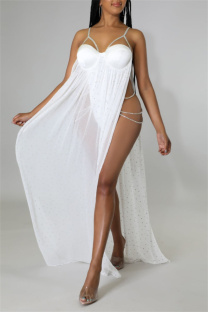 White Sexy Patchwork Slit Spaghetti Strap Bodycon Bodysuits