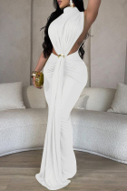 White Elegant Solid Color Patchwork Ruched Half A Turtleneck Long Dresses