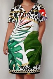 Red Green Casual Print Pocket V Neck Short Sleeve Plus Size Dresses