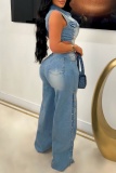 Light Blue Casual Solid Color Hollow Out Slit Turndown Collar Bodycon Jumpsuits