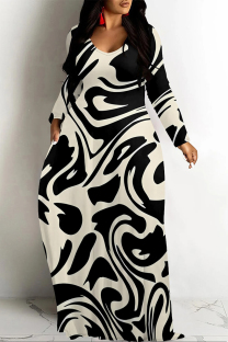 Beige Casual Gradient Print Colorblock Pocket Contrast V Neck Printed Dresses