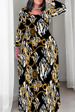 Black Gold Casual Print Patchwork O Neck Long Plus Size Dresses
